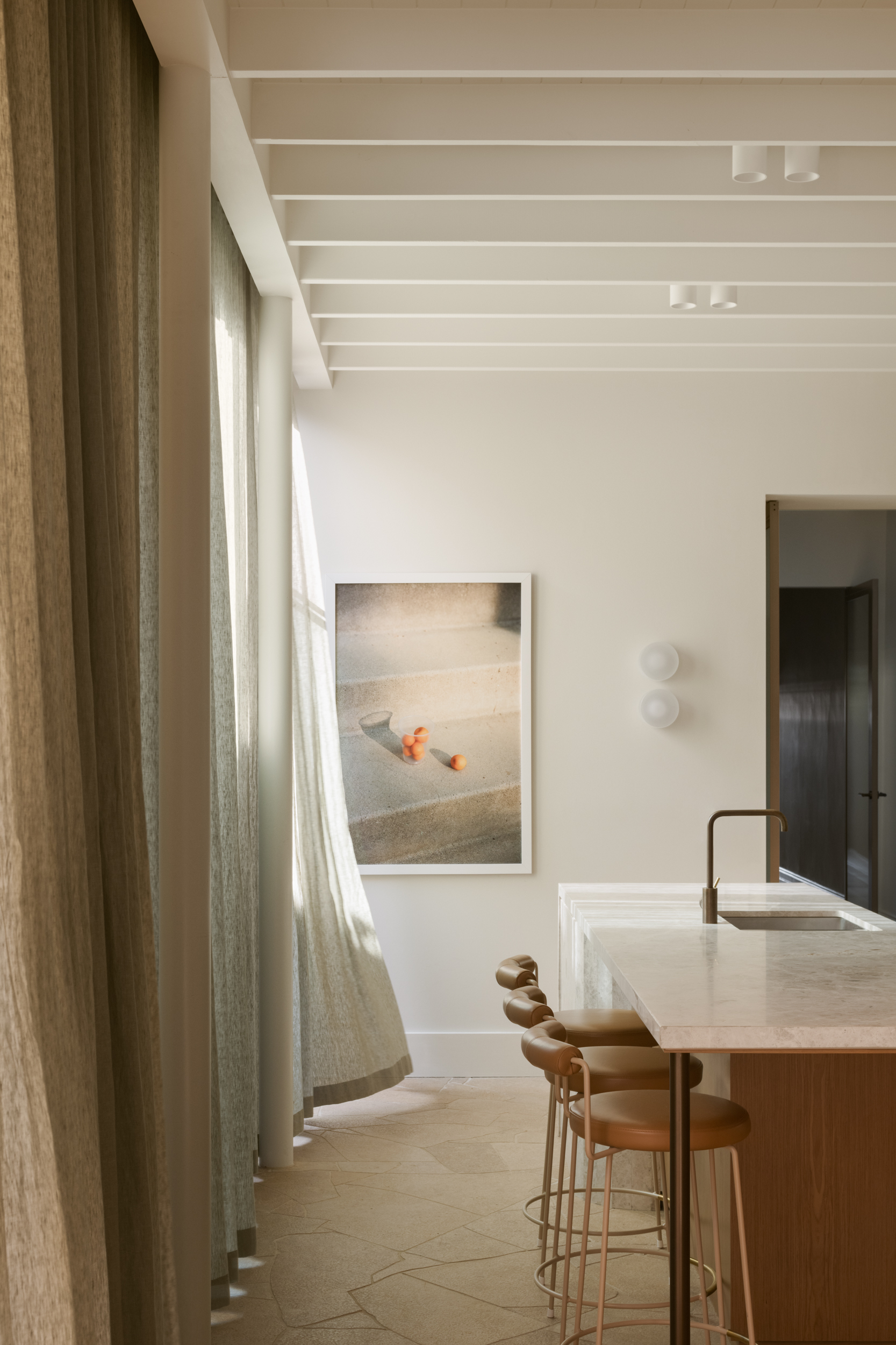rafter, linen, curtain, Grazia & Co, kitchen, island, Proske